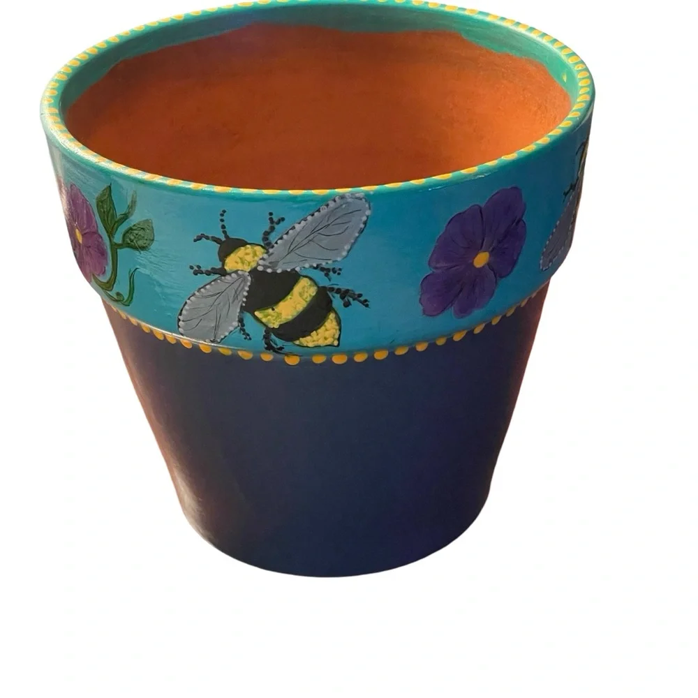 Hand crafted upcycled BEE Terra cotta pot painted blue purple yellow dots floral - Picture 5 of 14